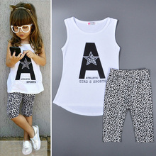 2016 Summer Kids Set Girl letter print White TShirt+Shorts Children Set Fashion Leopard Female Baby Clothing Kid Clothes meninas