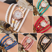 Nuevos 2015 forman a mujeres del vestido relojes tejer envoltura remache de cuero colorida pulsera Vintage relojes de pulsera de cuarzo relojes de marca de lujo