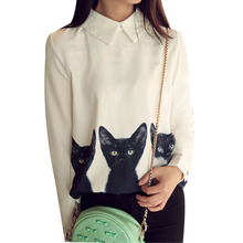 Printed Tops S-XL White Shirts Three Cats All-match Pullover Shirt Long Sleeved Casual Blusas Desigual Chiffon Blouses LQ8862M