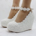 fashion white wedges wedding pumps Sweet white flower lace platform pump shoes pearl wedding shoes bride