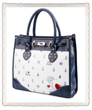 Brand Designer Embroidery Handbags Outlet 2015 women vintage navy blue leather zipper sequined lock rivet thread shoulder bag 3