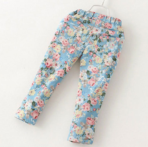2015 New Girls Floral Jeans Trench Spring Autumn Cotton Washed Jeans Warm Baby Girls Jeans Kids