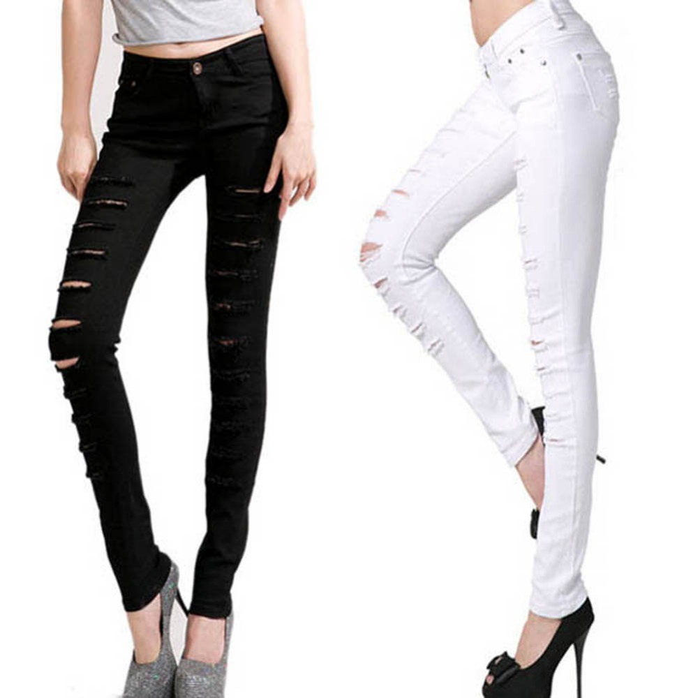 Low-Price Women Bandage Punk Hole Ripped Skinny Jeans