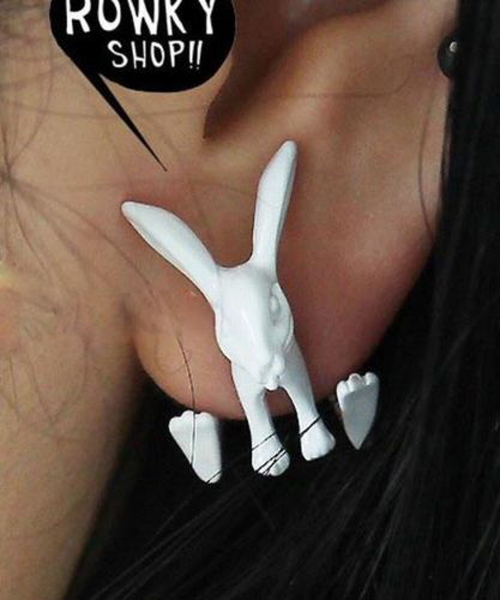 1 Pcs Women Fashion Cute Earring Punk jewelry White Color Alloy Dimensional Animal Bunny Rabbits Fluorescent Piercing Earrings