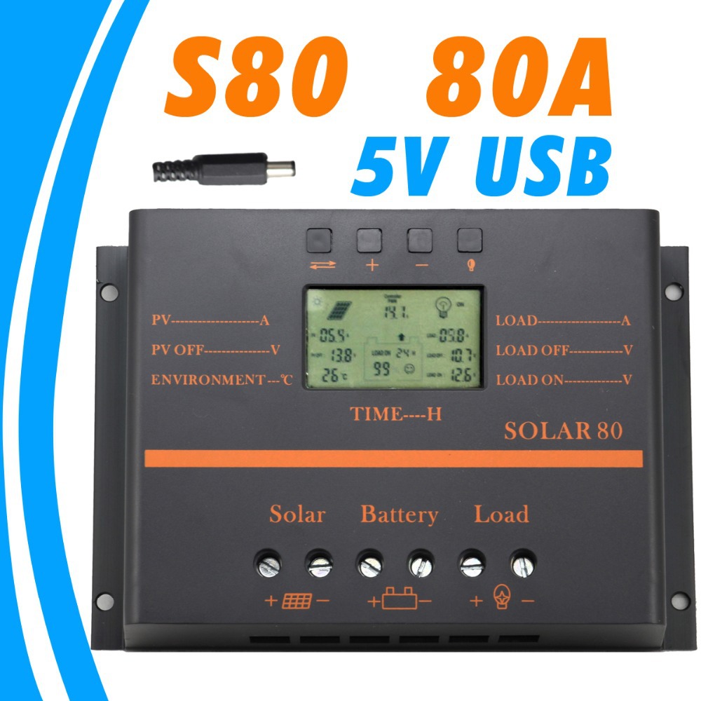 80A Solar Controller 5V USB charger for mobile phone 12V 24V PV panel Battery Charge Controller Solar system Home indoor use 80A Solar Controller 5V USB charger for mobile phone 12V 24V PV panel Battery Charge Controller Solar system Home indoor use