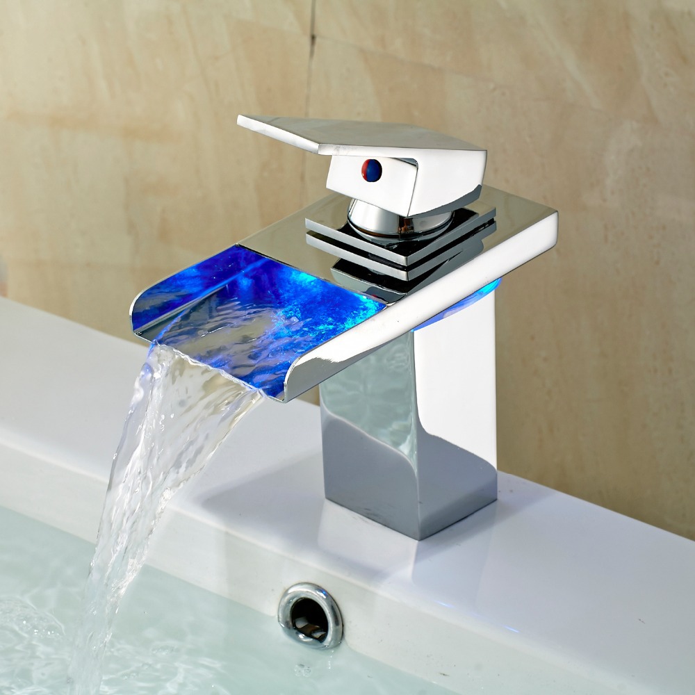 LED Waterfall Spout Kitchen Basin Faucet Sink Mixer Tap Chrome Finish