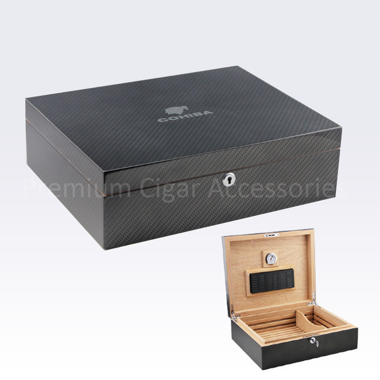 Carbon Fiber Pattern Glossy Finish Custom Quality COHIBA 50 Cigars Wooden Cigar Humidor Box with Cigar Accessories
