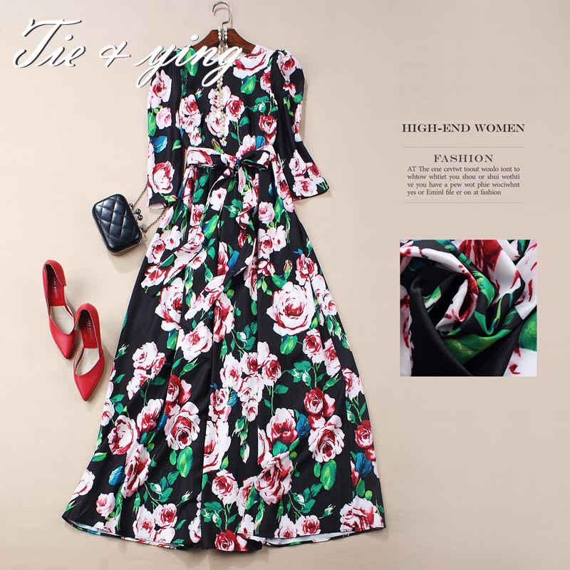 2016 spring long royal print floral dress new arrival American and European fashion runway  beatiful elegant lady party dress