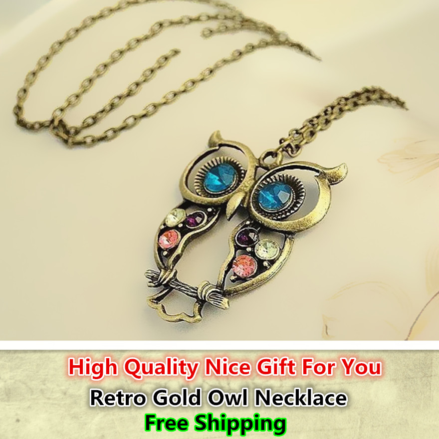 2016 Hot Sale Crystal Owl Pendant Necklace Vintage Gold Long Chain Rhinestone Animal Necklace Women Costume