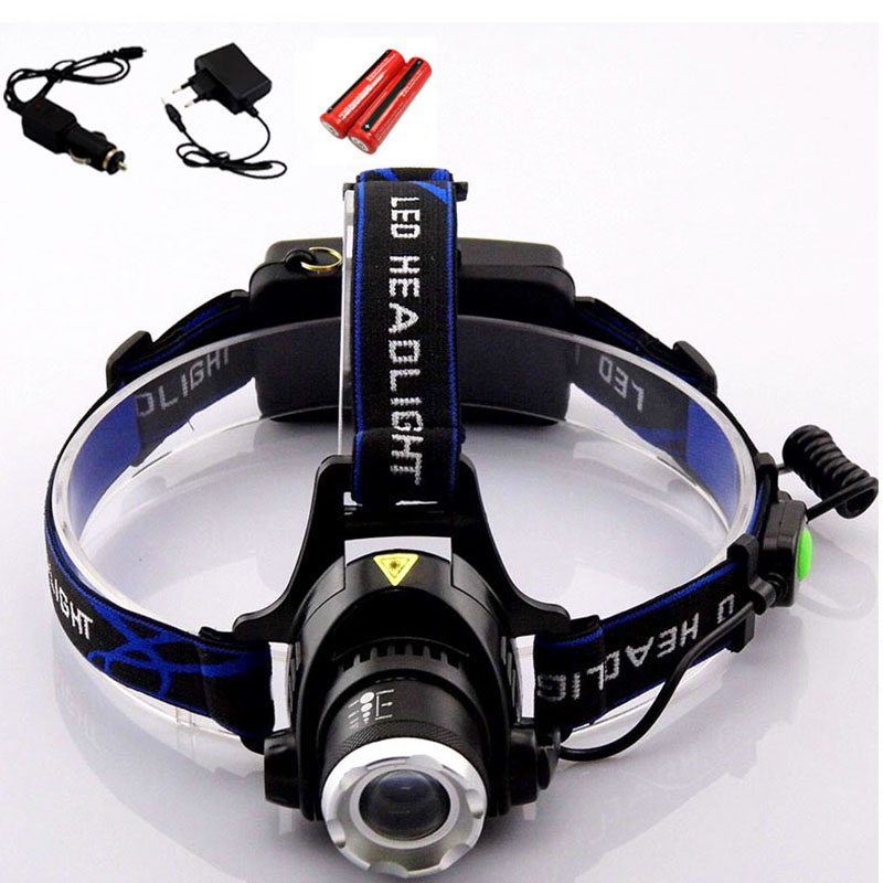 New Arrival Cree Xml T6 Led Headlight 2000 Lumens Headlamp Waterproof Head Torch + Car charger + AC charger+ 18650 batteries