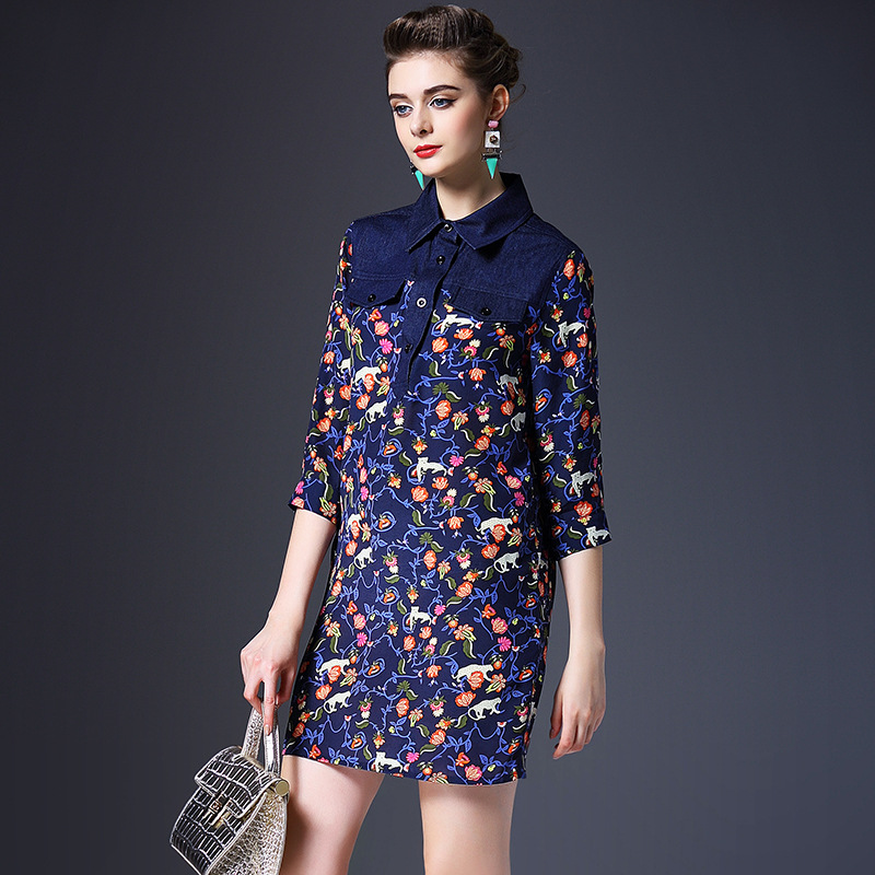 The new spring and summer 2016 Europe women Vintage denim silk long sleeved dress Q6219 temperament stitching