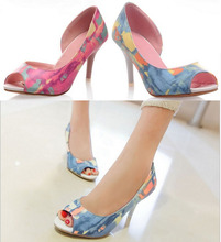 Fashion Printing Women Pumps Summer Party Wedding Shoes Woman Sandals 8CM Peep Toe High Heels Big Size 34-43 Free Shipping