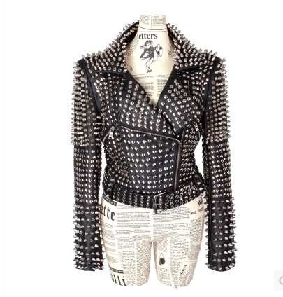 EMS Designer Euro Style Rivet Women Leather Jacket Coat Black Winter Punk Cool Silver Studded Slim