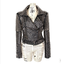 EMS Designer Euro Style Rivet Women Leather Jacket Coat Black Winter Punk Cool Silver Studded Slim