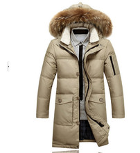 Brand  New Arrival Mens Winter Warm Thicken Hood Fur Collar Slim Fit Overcoat White Down Jacket Coat Long Parka Plus Size M-5XL