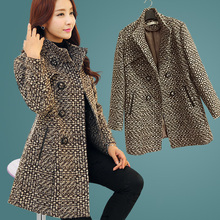 Woolen Coat Female Medium-long Thicken Middle-aged Women Winter Big yards Warm 2016 Winter Houndstooth Slim Woolen Coat G0393