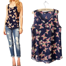 2016 Women’s Butterfly Print Summer Chiffon Blouse Sleeveless Shirt Fresh Vest TopTank Retail/Wholesale 5AWL 7FDL 89HL