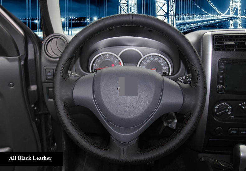 for Suzuki Jimny 2015 Black Leather Steering Wheel Cover Black Thread