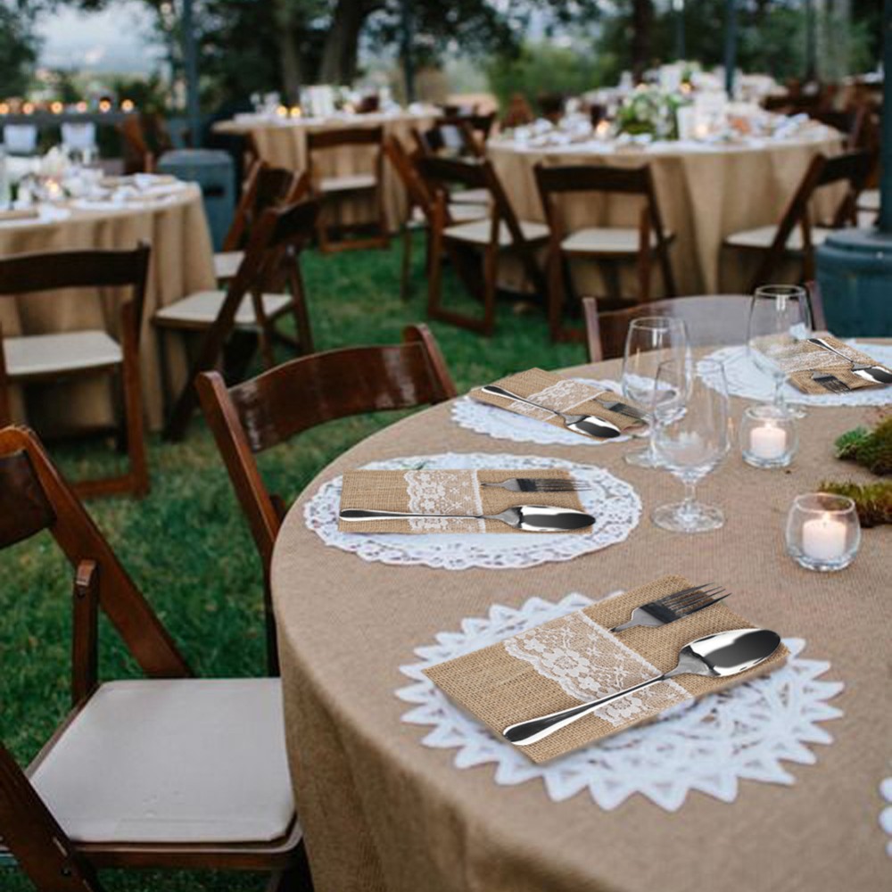 2019 Vintage Shabby Chic Jute Burlap Lace Tableware Fork Knife