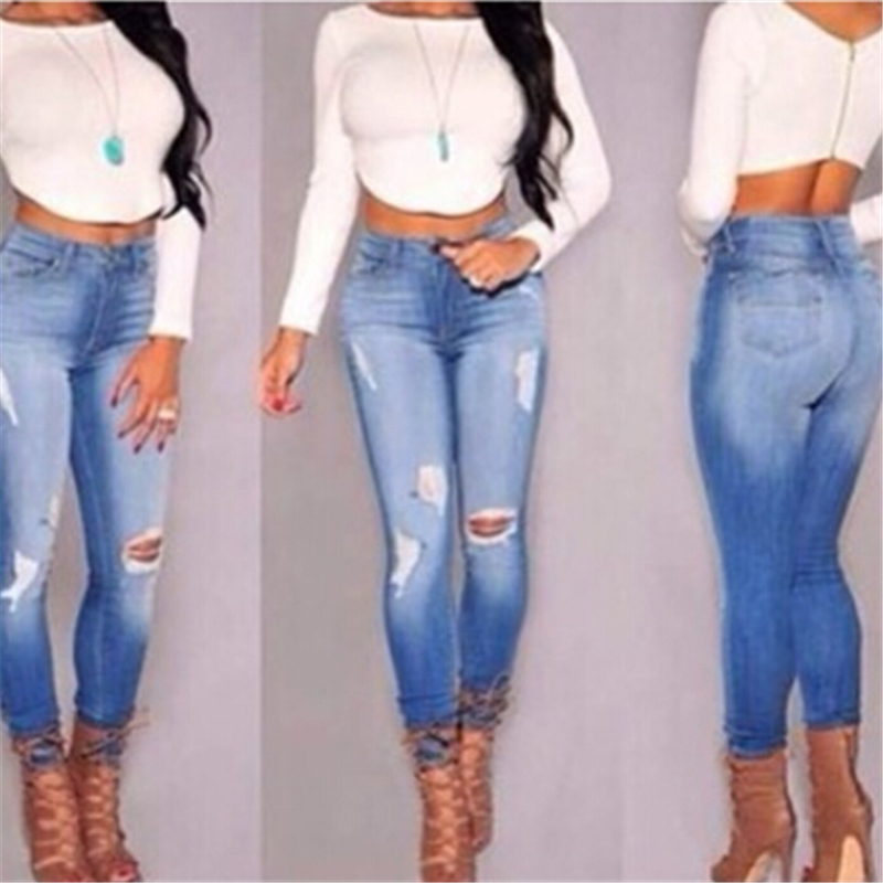 ... Sale Women 2015 Cotton High Waisted Ripped Jeans Casual Denim Pants