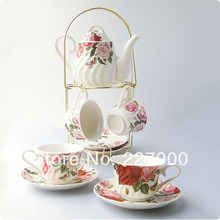 White And Red Rose Flower 9 Piece European-Style Ceramic Tea Set Tea Service Coffee Set