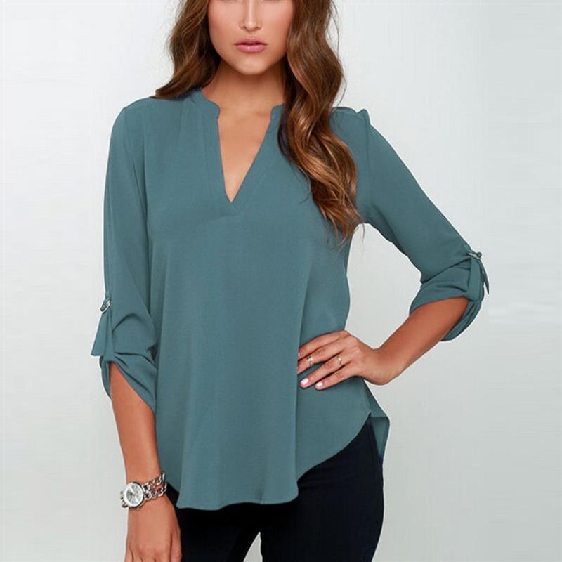 Zanzea 2018 Spring Women V Neck Chiffon Blouse Tops Fashion OL Style Fold Long Sleeve Casual Gray Blouses Plus Size Blusas Shirt aeProduct.getSubject()