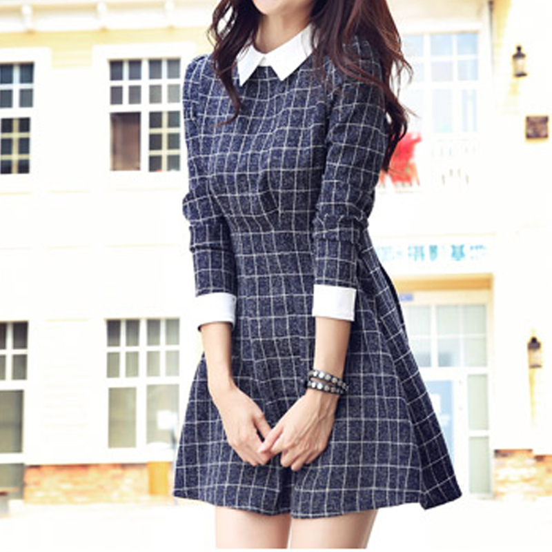 2016 New Spring Clothes Women Dress Long Sleeve Turn Down Collar Vintage Dress Fashion Casual Slim