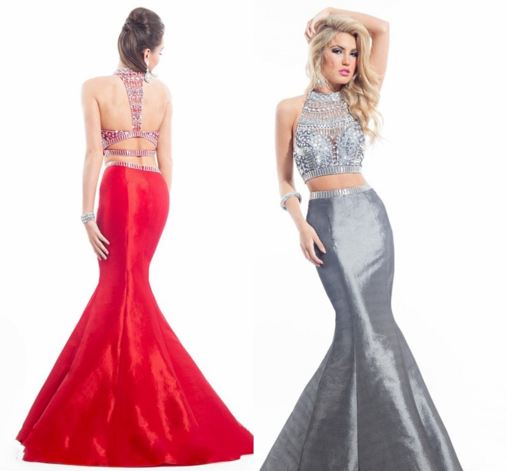 2015 Sexy Beads White Two Piece Prom Dresses Long Mermaid Abendkleider 2 Piece Formal Party
