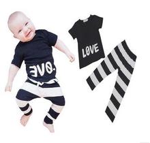Hot retail wholesale 2016new arrival children clothing suit baby boys long-sleeved cute LOVE Printing T-shirt+Striped pants 2pcs