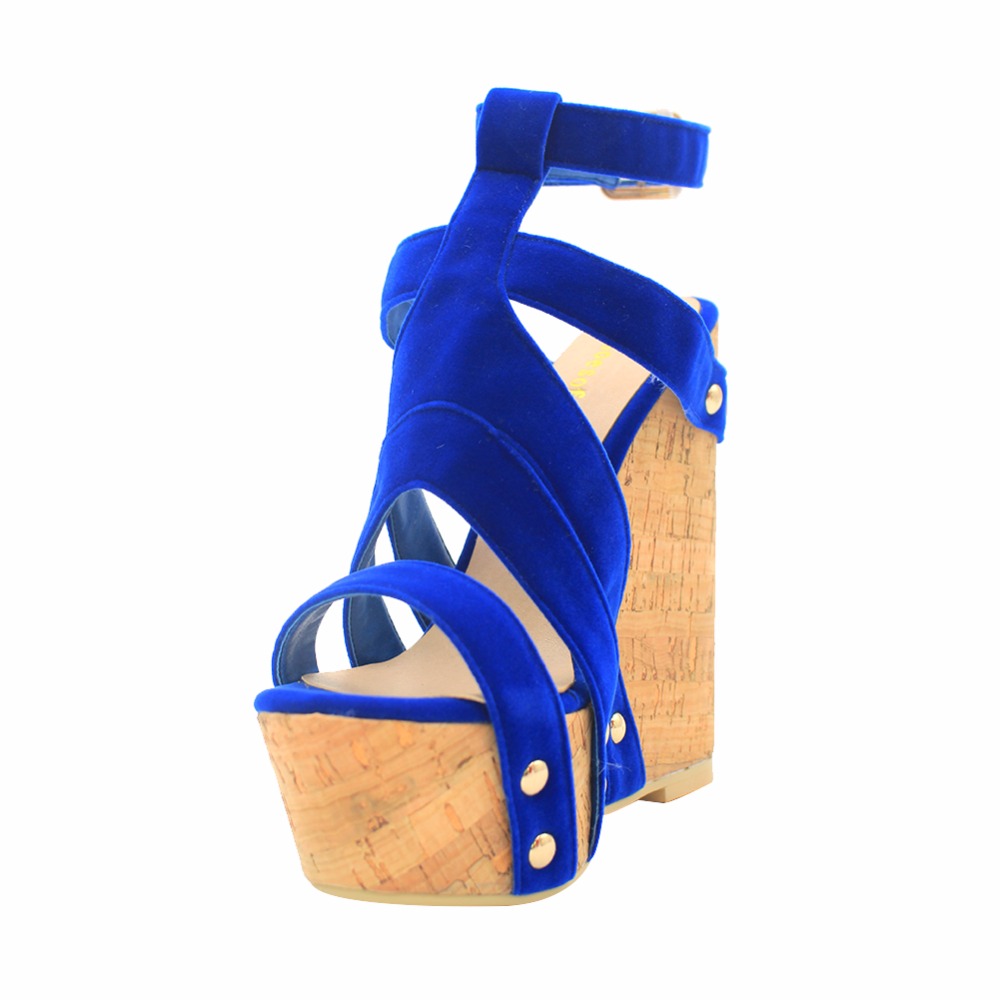 Фотография 2016 Cruel Summer Sex Party Blue Gladiator Shoes For Women Fashion Wedge Sandals Buckle Strap Zapatos Mujer Height 12cm
