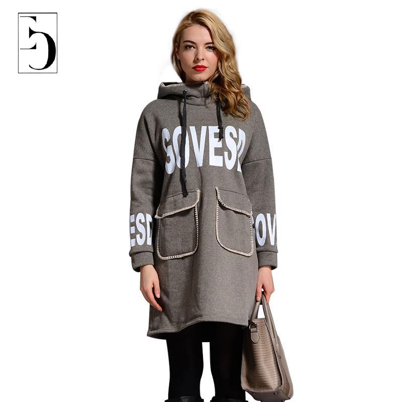 Women Plus Size Dress Autumn Winter Fall Fashion Letter Print Hooded Dress Casual Full Sleeve Two Pockets Women's Thick Dresses
