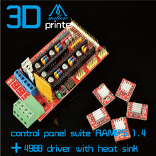 Free shipping 3D printer control panel suite RAMPS 1.4 + 4988 driver with heat sink hot sale