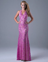 2016 New Design Elegant Long Straight Purple Lace Champagne Inside Evening Dresses Sexy Halter Backless Prom Party Gown R052414