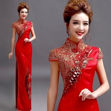High-slit brocade Gold Silk Embroidery chinese oriental dresses women sexy formal chinese dress xxxl long oriental styled dress