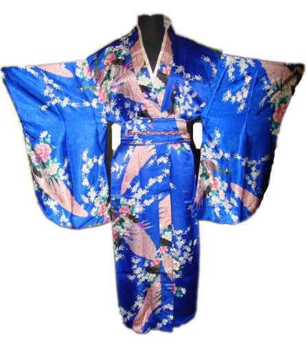 Blue Vintage Japanese Women's Silk Satin Kimono Yukata Evening Dress Peafowl One Size Free Shipping WK004