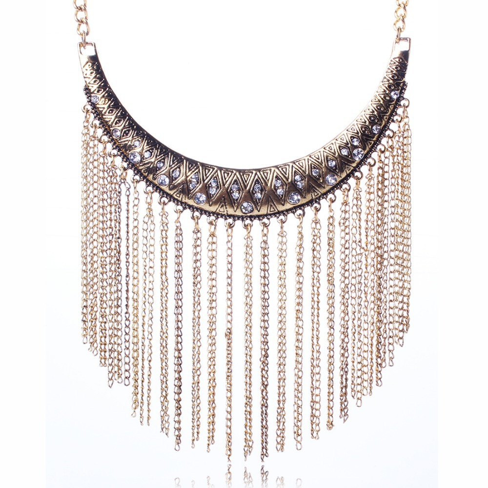 New Arrival Vintage Jewlery Metal Chain Crystal Tassels Necklace Short Sweater Chain XL5554