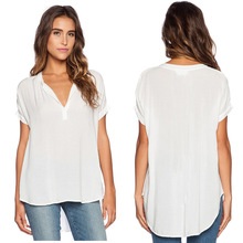 Short Sleeve Chiffon Blouse Shirt Fall Deep V Neck Buttoned Back Open Loose Casual 2016 Summer Spring Women Top
