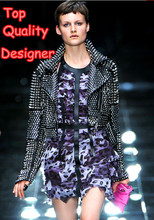 EMS Designer Euro Style Rivet Women Leather Jacket Coat Black Winter Punk Cool Silver Studded Slim