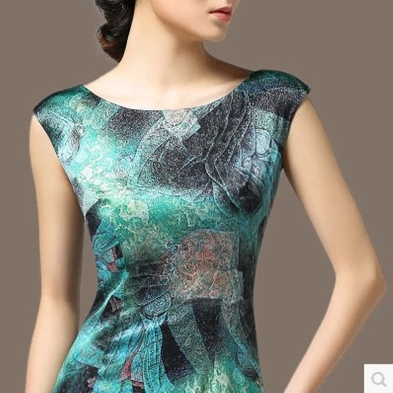 Female summer plus size O-neck Sleeveless Print Knee-length silk dresses woman hedging slim thin soft silk dress D10