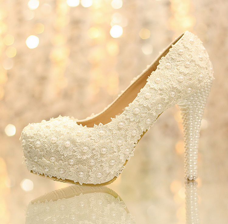 Women Fashion White Flowers Lace Platform High Heels Pearls Wedding Shoes
