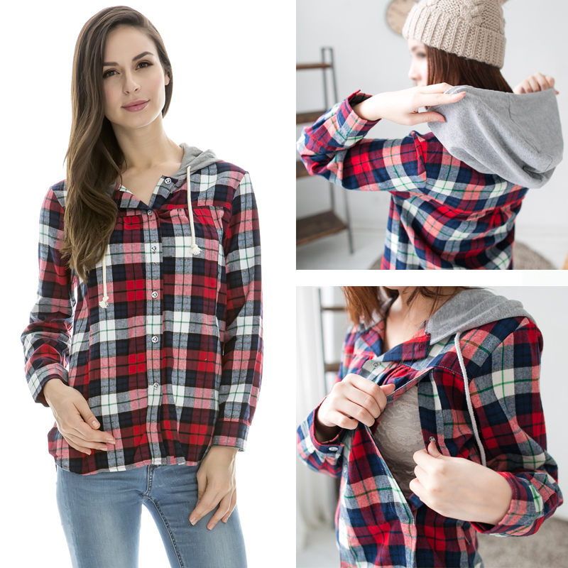 Pure cotton Nursing tops Maternity font b plaid b font Hoodie shirts breastfeeding clothes spring and