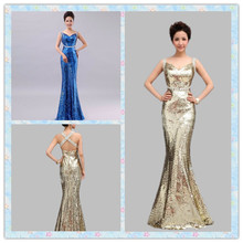 Long Evening Dress 2016 New Arrival Sequined Spaghetti Strap Backless Prom Ball Party Gown Shinning Mermaid Evening Dresses