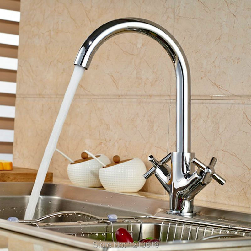Newly Deck Mount Kitchen Sink Faucet Basin Mixer Tap Chrome Hot&Cold Water Tap Dual Handles Single Hole