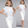 Womens Elegant Ruffle Sleeve Ruched Party Wear To Work Fitted Stretch Slim Wiggle Pencil Sheath Bodycon