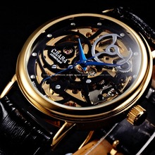 2015 New Black Skeleton Dial Genuine Leather Band Analog Golden Stainless Steel Case Hand Winding Mechanical