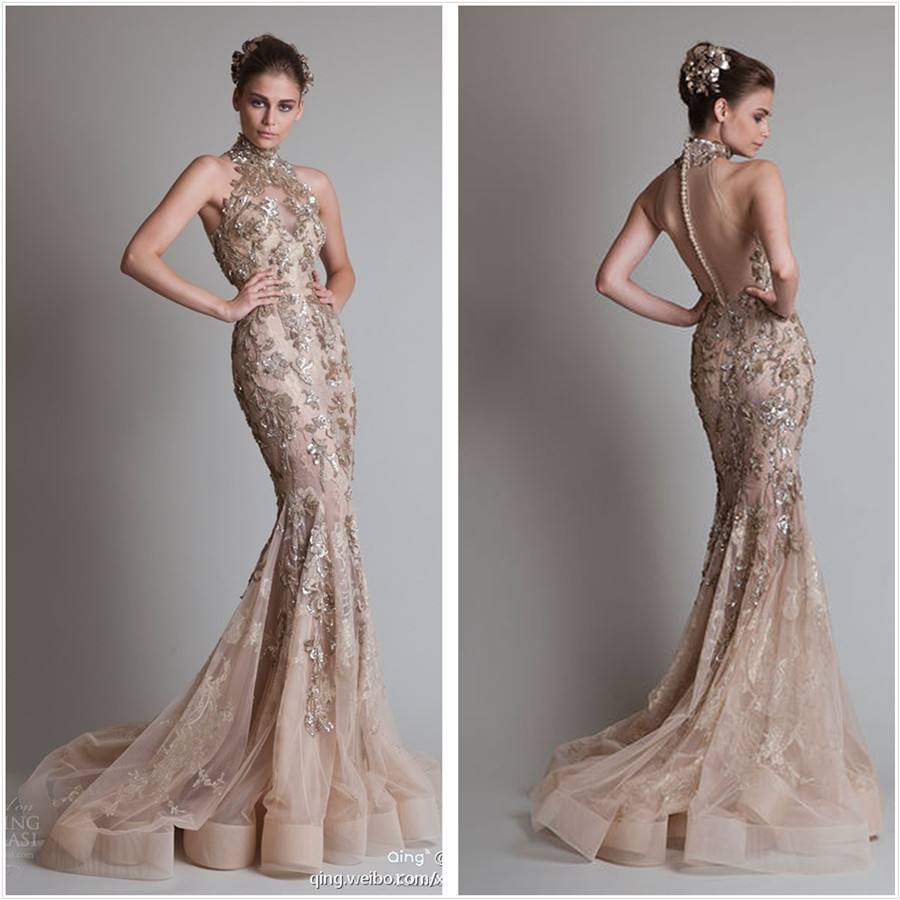 Sexy See Through Button Back Mermaid Trumpet Elie Saab Evening Dresses With High Neck Luxurious Silver