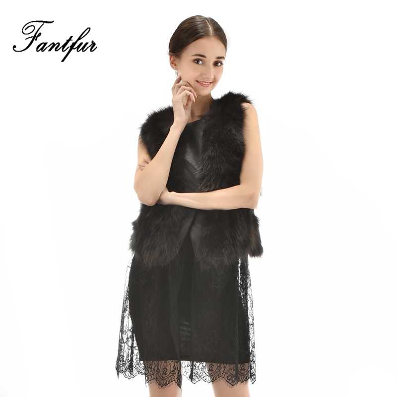 FANTFUR Women Real Raccoon Fur Vest Lace Design Fashion Female Fur Warm Waistcoat Jacket Trendy Ladies Fur Coat Gilet