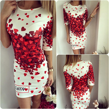New 2016 women dress Red hearts print party dresses sexy style o-neck half sleeves spring fashion love