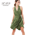 KMD KOMODA Solid Green Sexy Mini Dress Women Clothing Off Shoulder Lace Up A Line Vestido