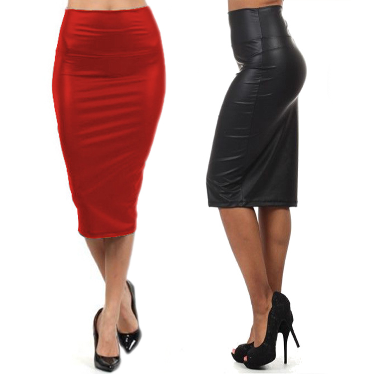 Trendy Autumn Summer Style Casual Fashion High Waisted Faux Leather Pencil Woman Skirt Color Black Red